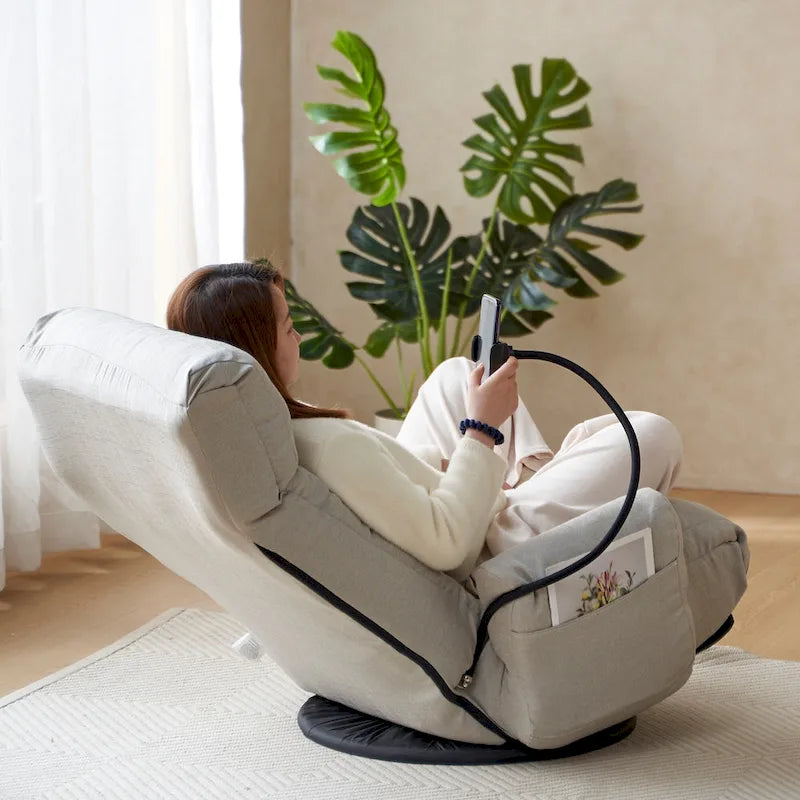 Gray Swivel Recliner with Phone Holder, Adjustable Headrest
