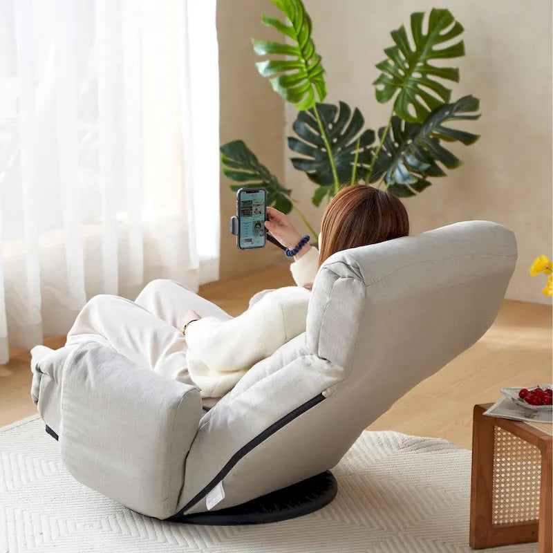 Gray Swivel Recliner with Phone Holder, Adjustable Headrest