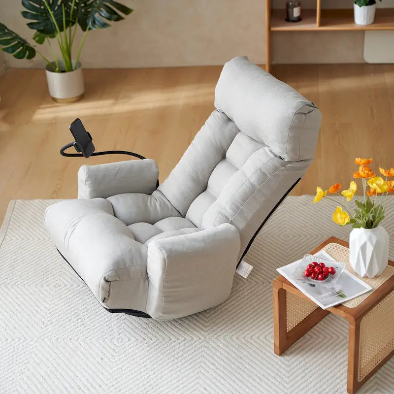 Gray Swivel Recliner with Phone Holder, Adjustable Headrest