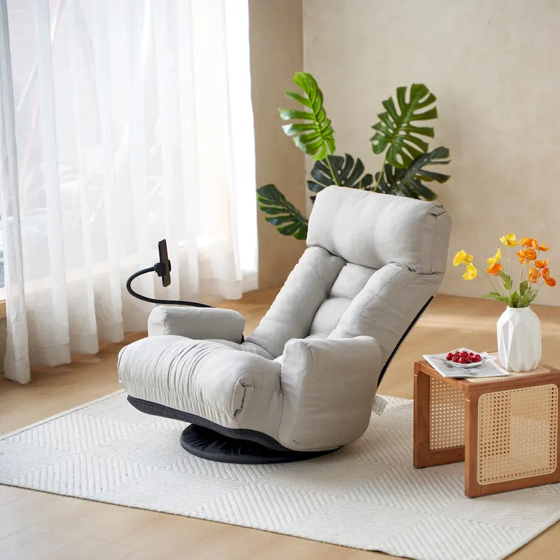 Gray Swivel Recliner with Phone Holder, Adjustable Headrest