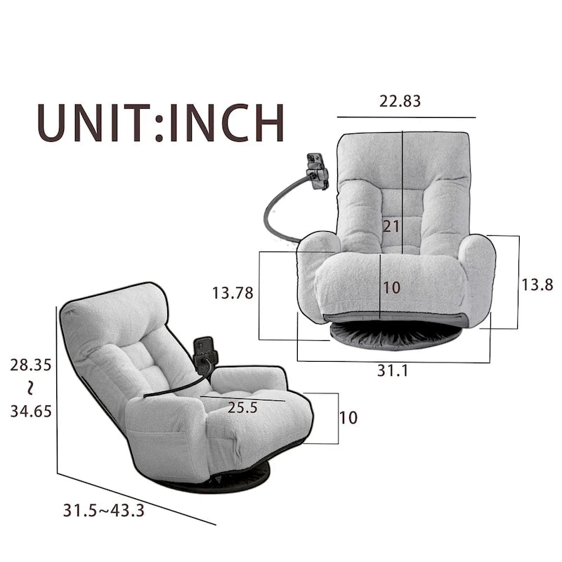 Gray Swivel Recliner with Phone Holder, Adjustable Headrest