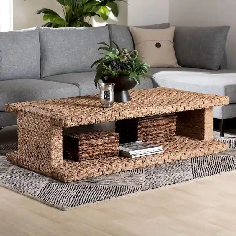 Rhinos Handwoven Seagrass Coffee Table with Open Shelf - Rectangular Wicker Center Table for Living Room, Coastal Boho Style
