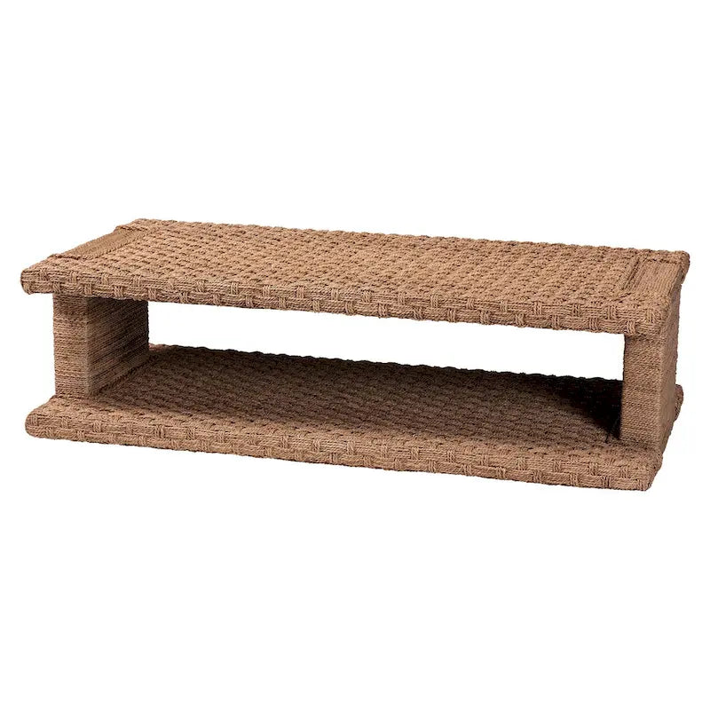 Handgewebter Couchtisch aus Seegras mit offenem Regal - rechteckiger Korb-Couchtisch für das Wohnzimmer im Küsten-Boho-Stil