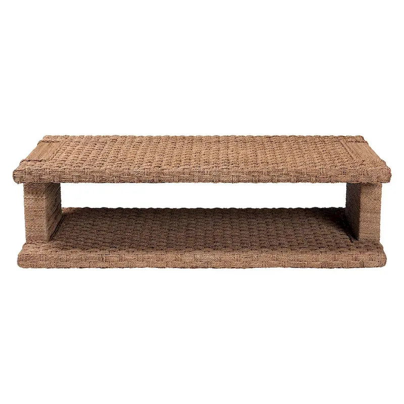 Handgewebter Couchtisch aus Seegras mit offenem Regal - rechteckiger Korb-Couchtisch für das Wohnzimmer im Küsten-Boho-Stil