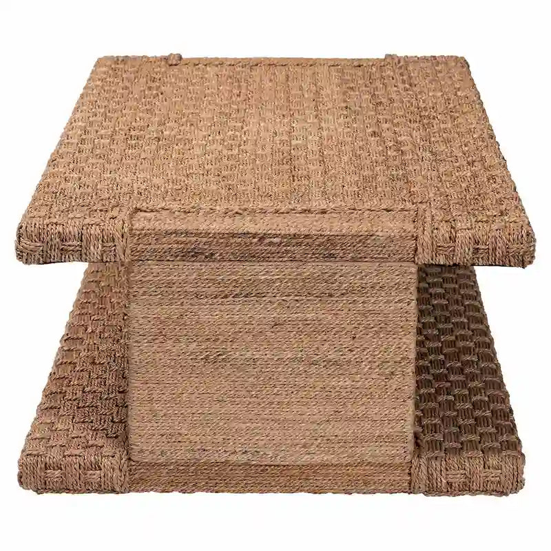Handgewebter Couchtisch aus Seegras mit offenem Regal - rechteckiger Korb-Couchtisch für das Wohnzimmer im Küsten-Boho-Stil