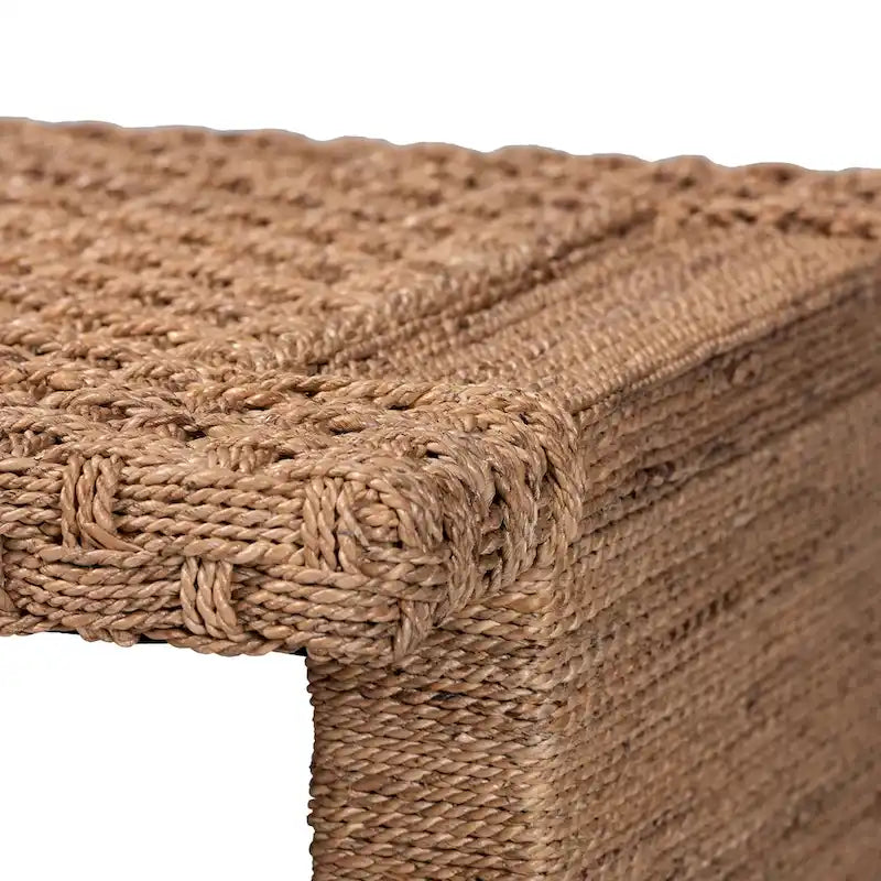 Handgewebter Couchtisch aus Seegras mit offenem Regal - rechteckiger Korb-Couchtisch für das Wohnzimmer im Küsten-Boho-Stil