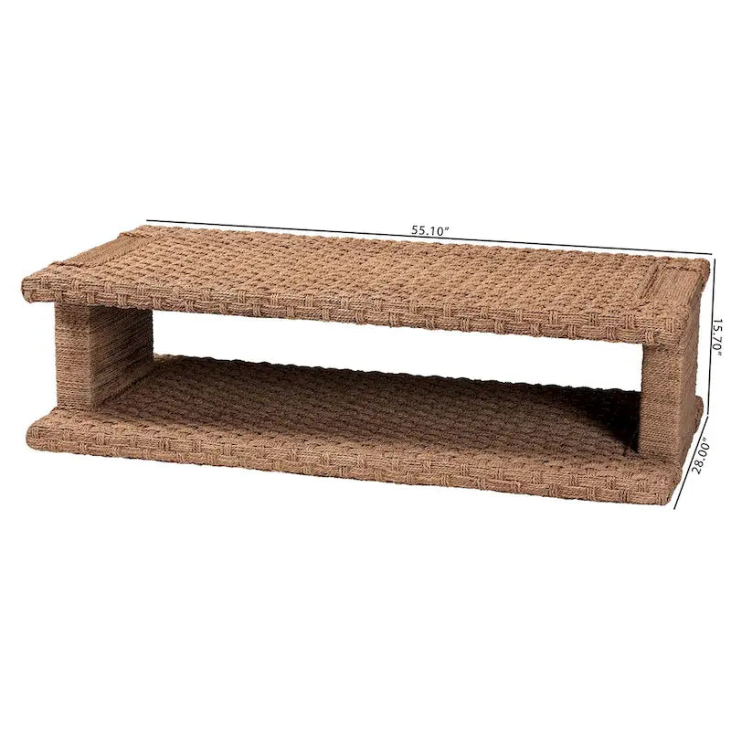 Handgewebter Couchtisch aus Seegras mit offenem Regal - rechteckiger Korb-Couchtisch für das Wohnzimmer im Küsten-Boho-Stil