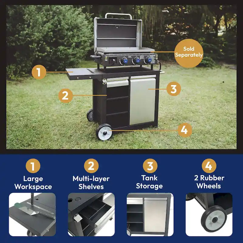 Universeller Rollwagen für tragbare Outdoor-Grillplatten und Grills, Schwarz - 52.8