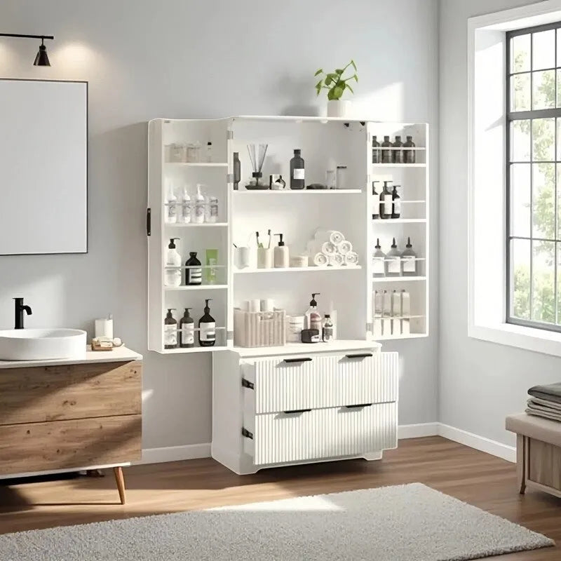 Mobile contenitore da bagno in stile farmhouse con 2 cassetti grandi, scaffale con 8 ante e 3 ripiani