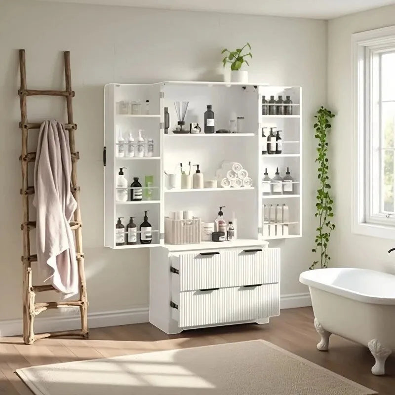 Mobile contenitore da bagno in stile farmhouse con 2 cassetti grandi, scaffale con 8 ante e 3 ripiani