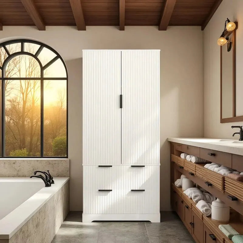 Mobile contenitore da bagno in stile farmhouse con 2 cassetti grandi, scaffale con 8 ante e 3 ripiani