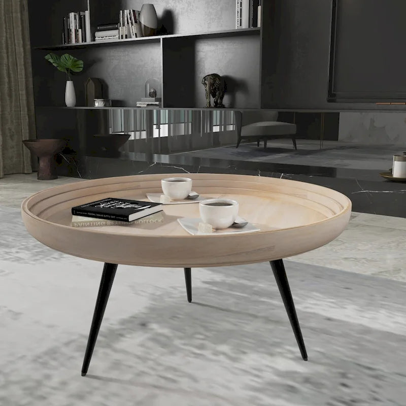 Urban Chic Couchtisch, 30 Zoll, rund, mit Tablettplatte, handgefertigt aus weiß gewaschenem Mangoholz