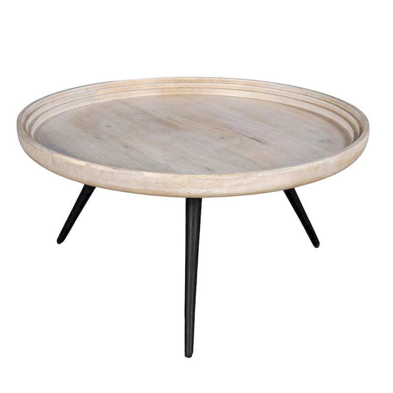 Urban Chic Coffee Table 30 Inch Round Tray Top, Handcrafted Washed White Mango Wood