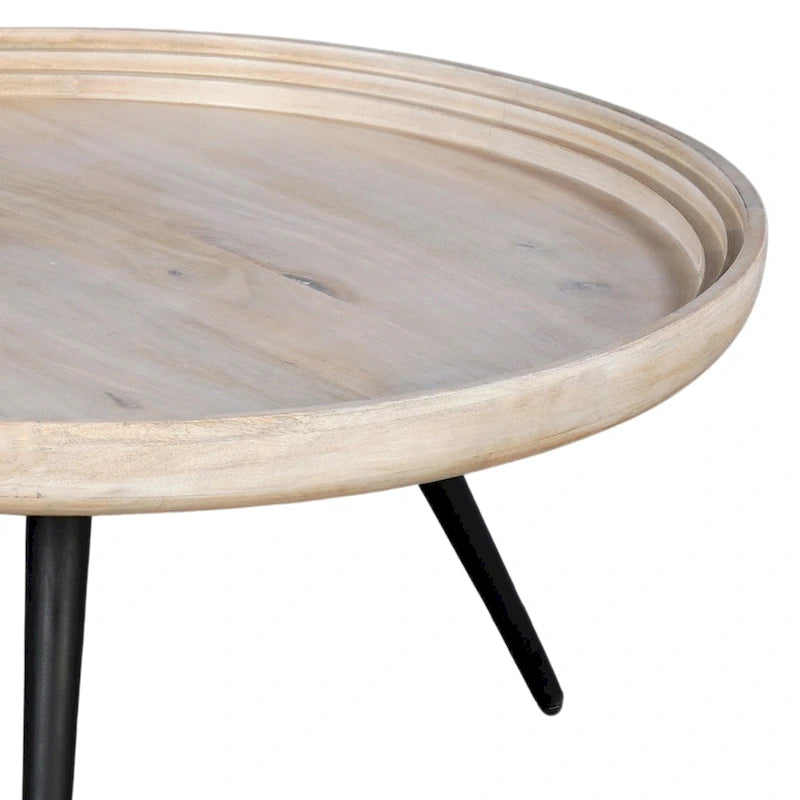 Urban Chic Couchtisch, 30 Zoll, rund, mit Tablettplatte, handgefertigt aus weiß gewaschenem Mangoholz