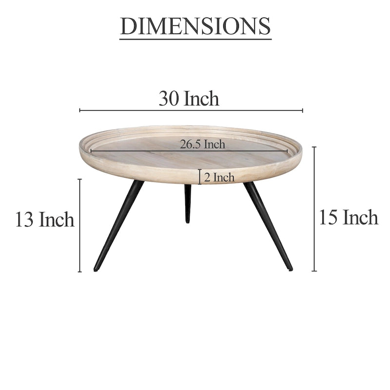 Urban Chic Couchtisch, 30 Zoll, rund, mit Tablettplatte, handgefertigt aus weiß gewaschenem Mangoholz