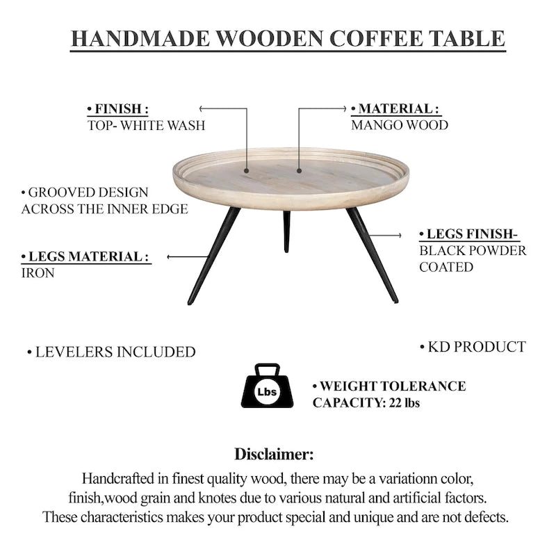Urban Chic Couchtisch, 30 Zoll, rund, mit Tablettplatte, handgefertigt aus weiß gewaschenem Mangoholz