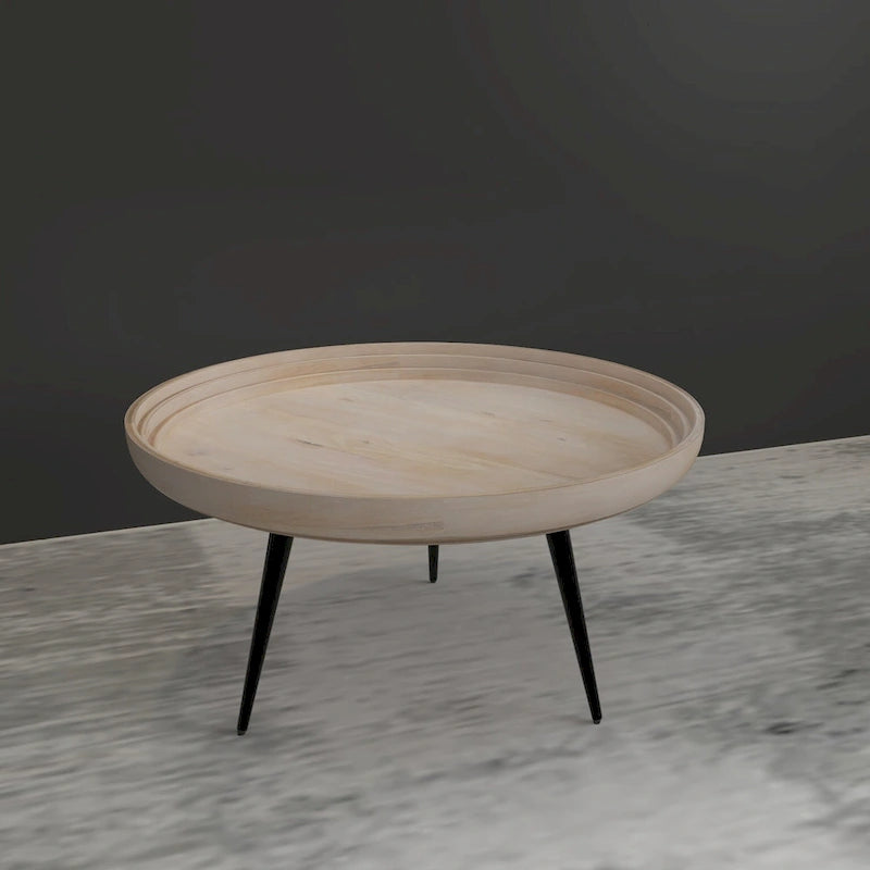 Urban Chic Couchtisch, 30 Zoll, rund, mit Tablettplatte, handgefertigt aus weiß gewaschenem Mangoholz