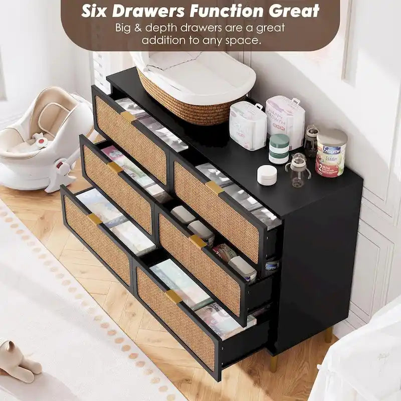 Rattan 6 Drawer Double Dressers for Bedroom