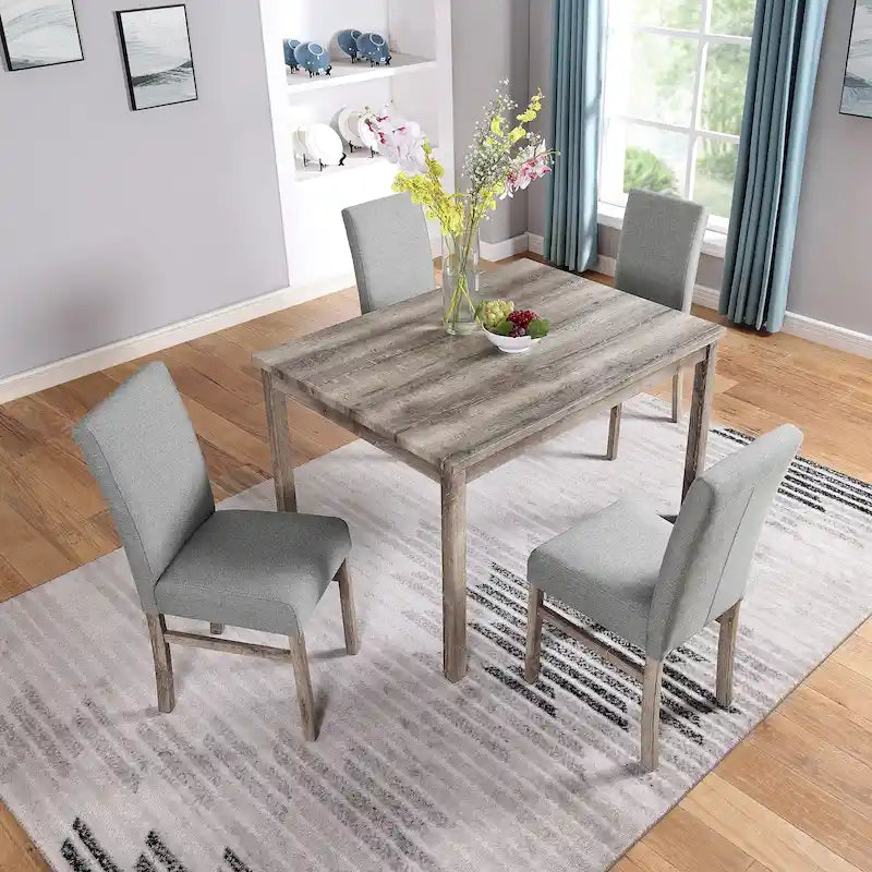 Rustikales 5-teiliges Esszimmer-Set mit rechteckigem Tisch für kleine Räume und 4 gepolsterten Esszimmerstühlen