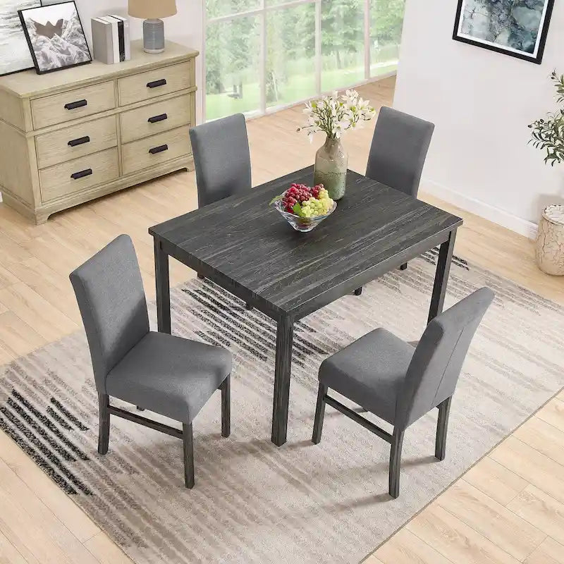 Rustikales 5-teiliges Esszimmer-Set mit rechteckigem Tisch für kleine Räume und 4 gepolsterten Esszimmerstühlen