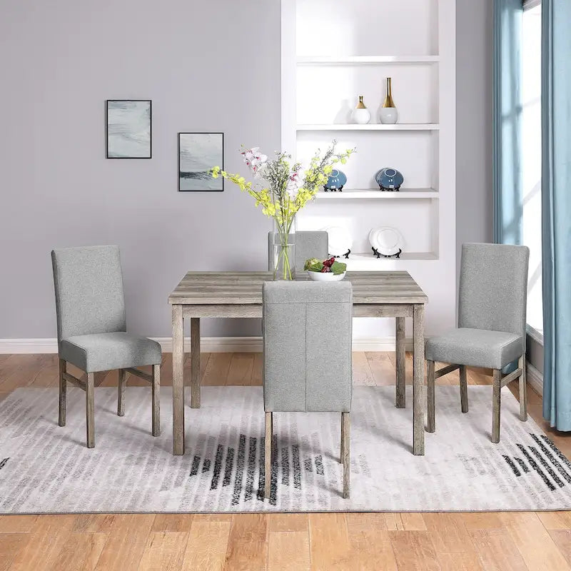 Rustikales 5-teiliges Esszimmer-Set mit rechteckigem Tisch für kleine Räume und 4 gepolsterten Esszimmerstühlen