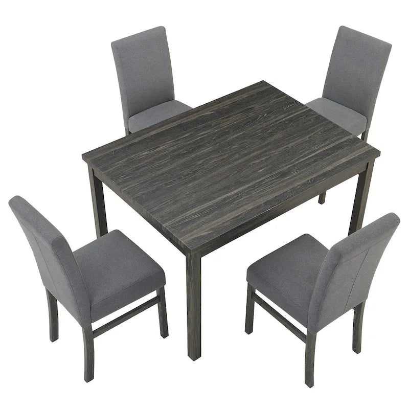 Rustikales 5-teiliges Esszimmer-Set mit rechteckigem Tisch für kleine Räume und 4 gepolsterten Esszimmerstühlen