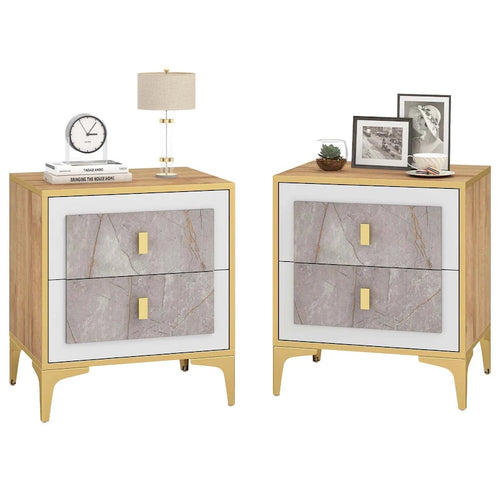 1/2 PCS Nightstand with Storage Faux Marble Surface Accent