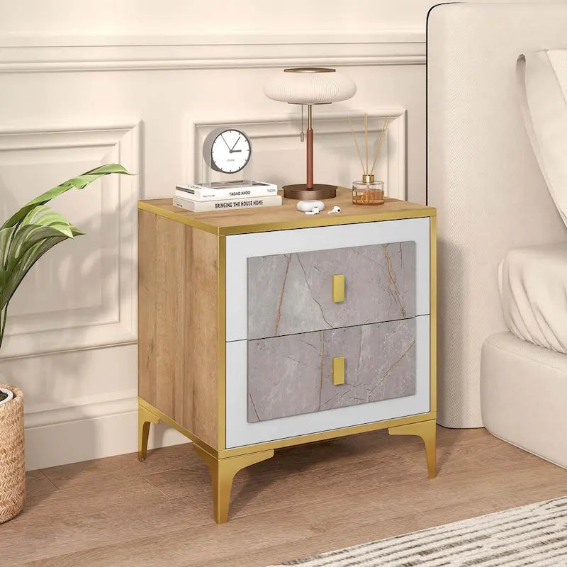 1/2 PCS Nightstand with Storage Faux Marble Surface Accent
