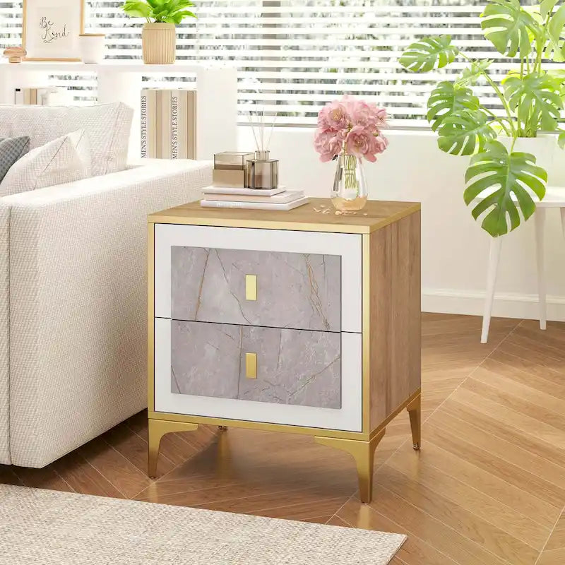 1/2 PCS Nightstand with Storage Faux Marble Surface Accent