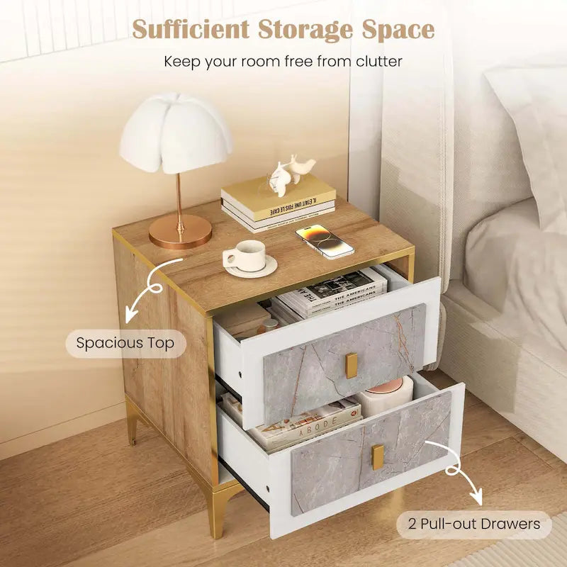 1/2 PCS Nightstand with Storage Faux Marble Surface Accent
