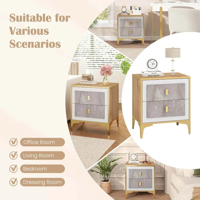 1/2 PCS Nightstand with Storage Faux Marble Surface Accent