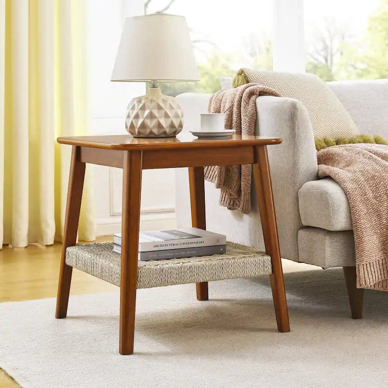 Mid-Century Square Side Table with Woven Shelf Walnut