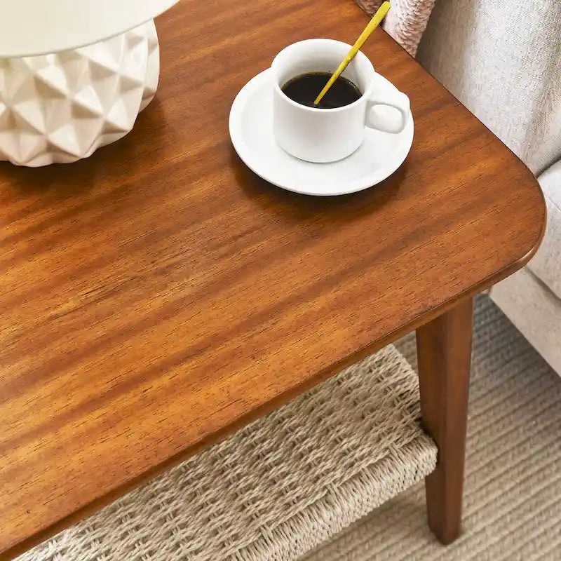 Tavolino laterale quadrato mid-century con ripiano intrecciato, noce