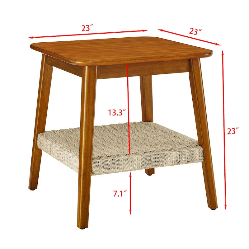 Tavolino laterale quadrato mid-century con ripiano intrecciato, noce
