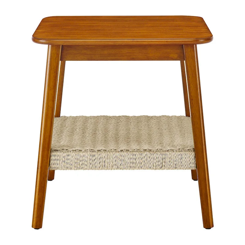 Tavolino laterale quadrato mid-century con ripiano intrecciato, noce