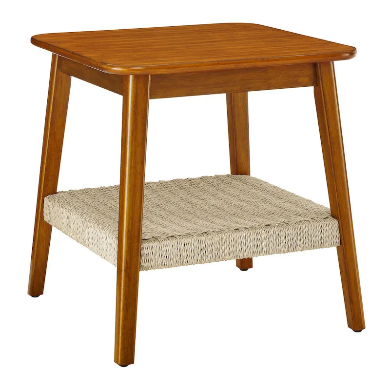 Tavolino laterale quadrato mid-century con ripiano intrecciato, noce