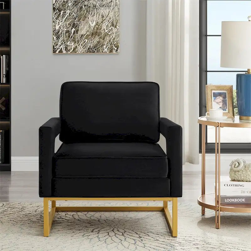 Modern Style Velvet Accent Chair with Gold Metal Base