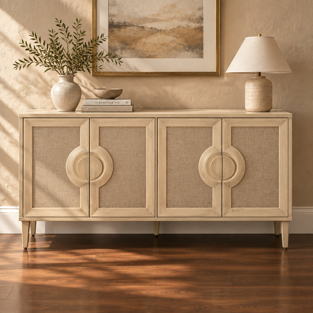 59.84Elegant Vintage 4-Door Cabinet with Linen Decorated Doors,for Bedroom,Living Room,Office,Easy Assembly