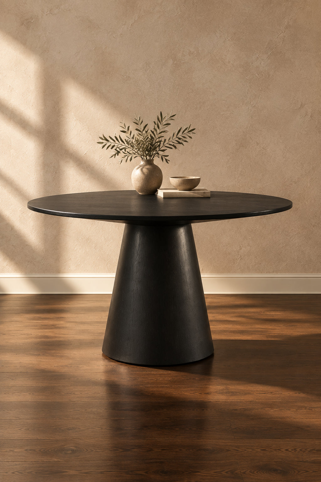 Fin 59 Inch Dining Table, Round Surface, Pedestal Base, Rubberwood, Black