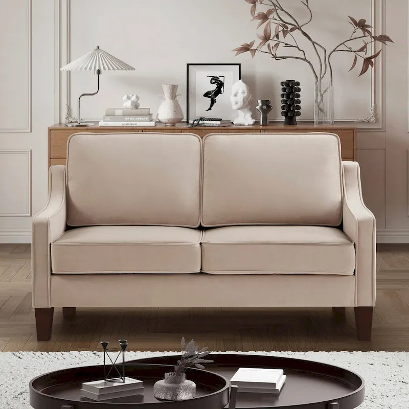 Moderní dvoumístná pohovka do obývacího pokoje, čalouněná sametem, malá pohovka - 51.5 D x 29 Š x 34.25 V, výška sedáku: 18