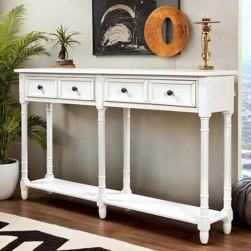 Konsolentisch aus Kiefernholz und MDF mit Sofa-Design, einfache Montage, zwei Aufbewahrungsschubladen und unterem Regal für Wohnzimmer und Eingangsbereich