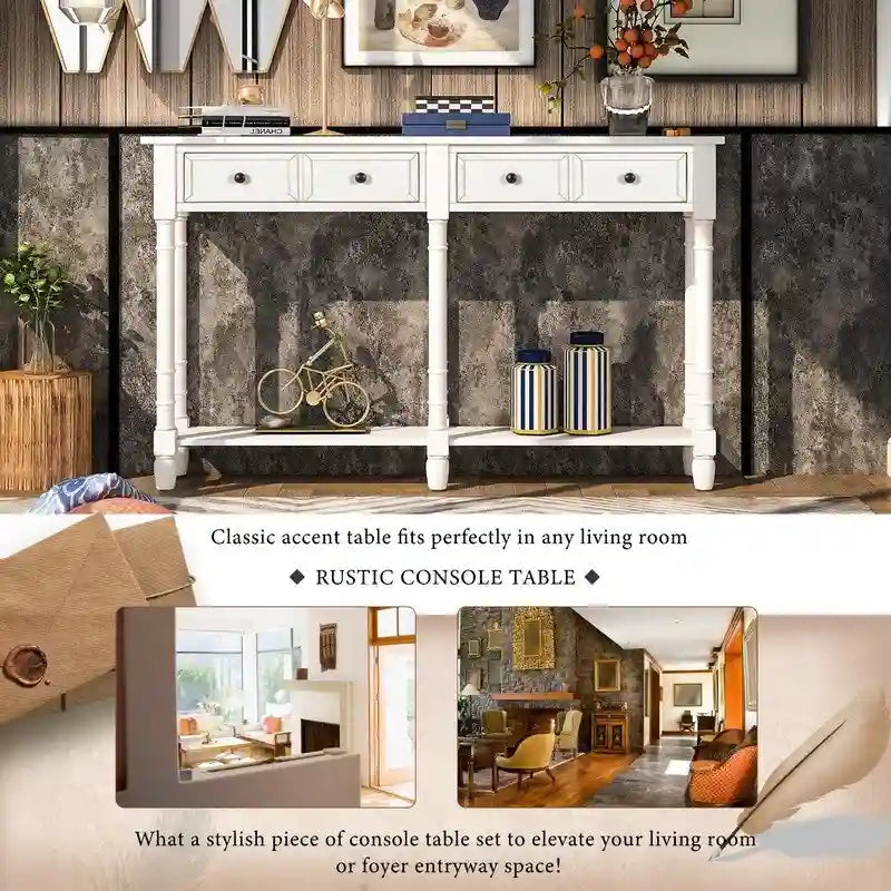 Konsolentisch aus Kiefernholz und MDF mit Sofa-Design, einfache Montage, zwei Aufbewahrungsschubladen und unterem Regal für Wohnzimmer und Eingangsbereich