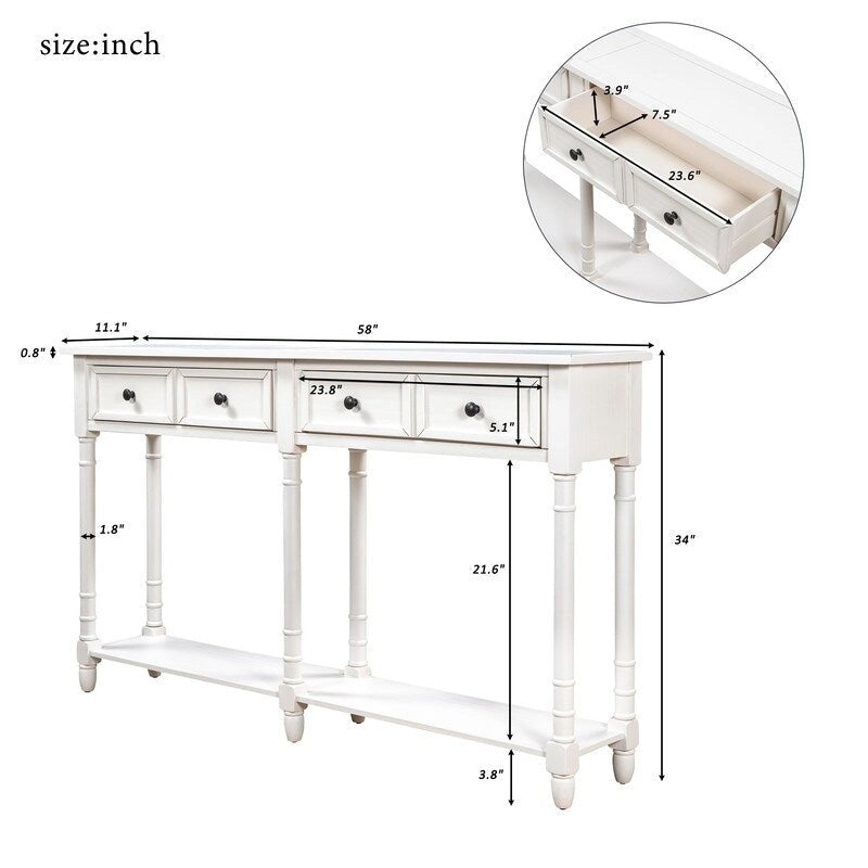 Konsolentisch aus Kiefernholz und MDF mit Sofa-Design, einfache Montage, zwei Aufbewahrungsschubladen und unterem Regal für Wohnzimmer und Eingangsbereich