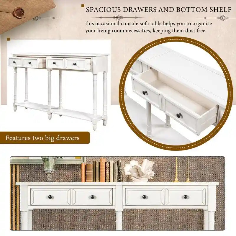 Konsolentisch aus Kiefernholz und MDF mit Sofa-Design, einfache Montage, zwei Aufbewahrungsschubladen und unterem Regal für Wohnzimmer und Eingangsbereich
