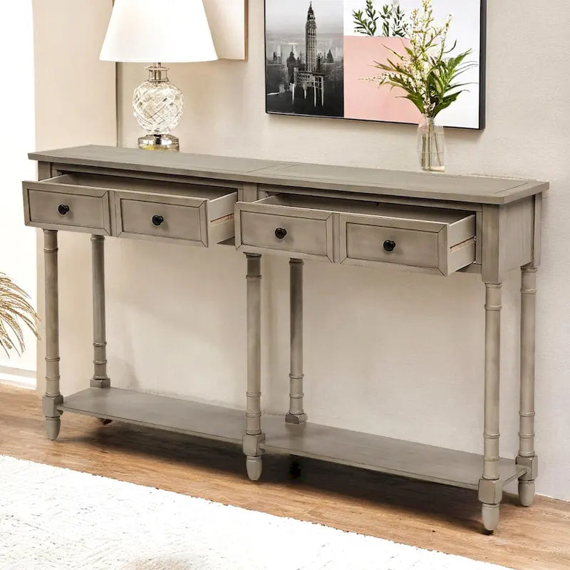 Konsolentisch aus Kiefernholz und MDF mit Sofa-Design, einfache Montage, zwei Aufbewahrungsschubladen und unterem Regal für Wohnzimmer und Eingangsbereich