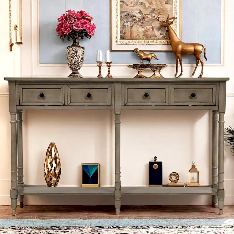 Konsolentisch aus Kiefernholz und MDF mit Sofa-Design, einfache Montage, zwei Aufbewahrungsschubladen und unterem Regal für Wohnzimmer und Eingangsbereich