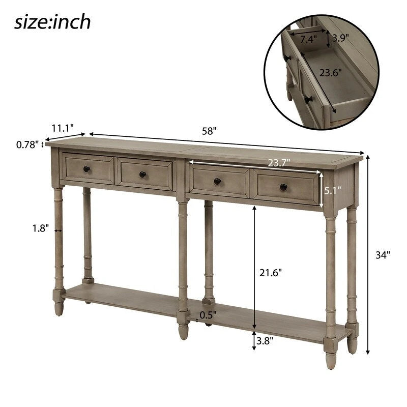 Konsolentisch aus Kiefernholz und MDF mit Sofa-Design, einfache Montage, zwei Aufbewahrungsschubladen und unterem Regal für Wohnzimmer und Eingangsbereich