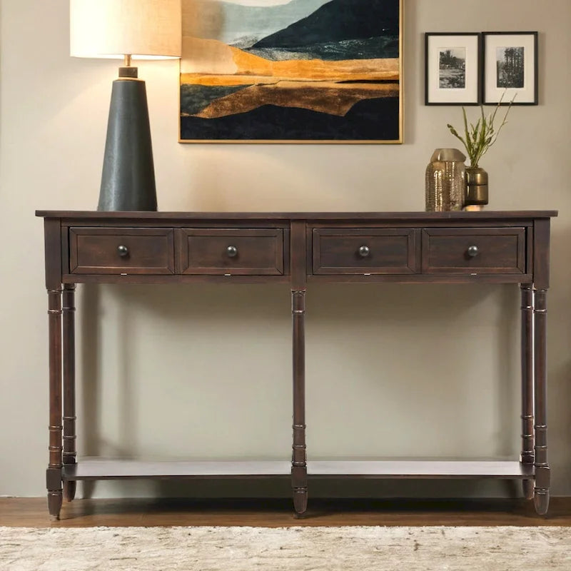 Konsolentisch aus Kiefernholz und MDF mit Sofa-Design, einfache Montage, zwei Aufbewahrungsschubladen und unterem Regal für Wohnzimmer und Eingangsbereich