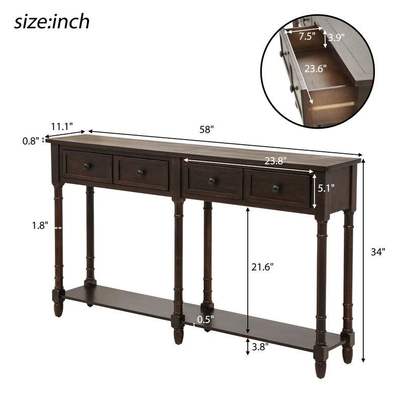 Konsolentisch aus Kiefernholz und MDF mit Sofa-Design, einfache Montage, zwei Aufbewahrungsschubladen und unterem Regal für Wohnzimmer und Eingangsbereich