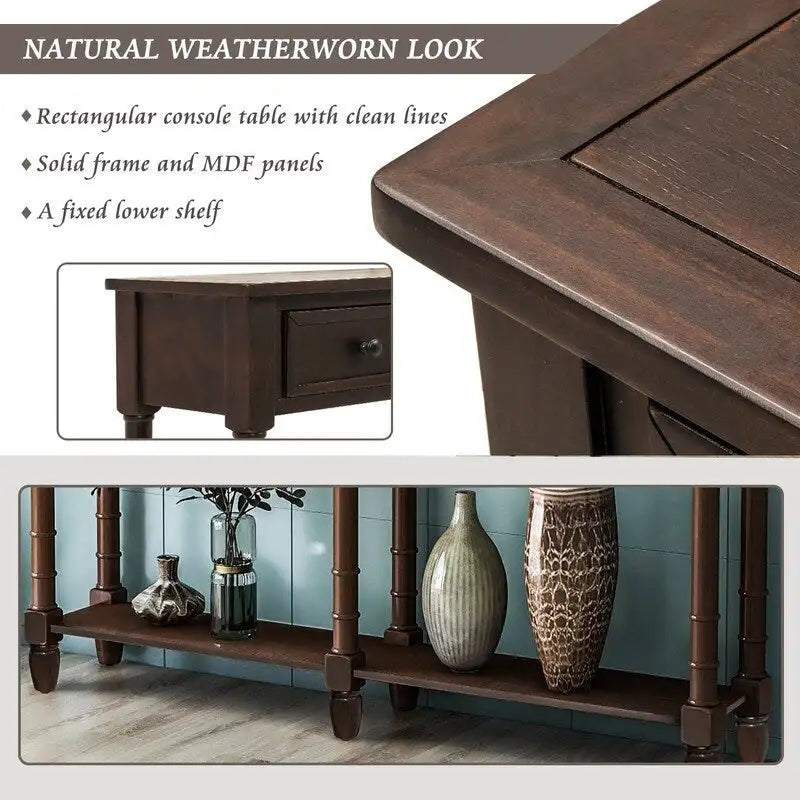 Konsolentisch aus Kiefernholz und MDF mit Sofa-Design, einfache Montage, zwei Aufbewahrungsschubladen und unterem Regal für Wohnzimmer und Eingangsbereich